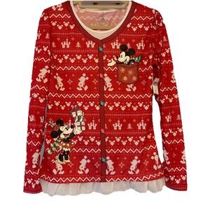 Disney Mickey Minnie Mouse Red White Holiday Christmas Party Shirt Ruffle Hem Sm